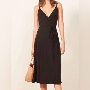 Reformation Black Wrap Midi Dress Tie Waist Sleeveless Minimal Chic